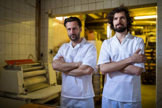 Portrait of two chefs standing in bakery kitchen with their hands folded
