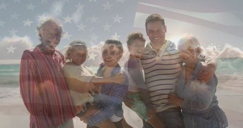 Multi-Generational Family Bonding on Beach with Patriotic Touch