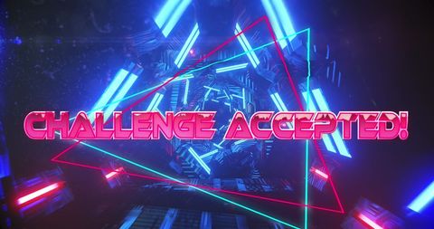Challenge accepted text over vibrant neon tunnel