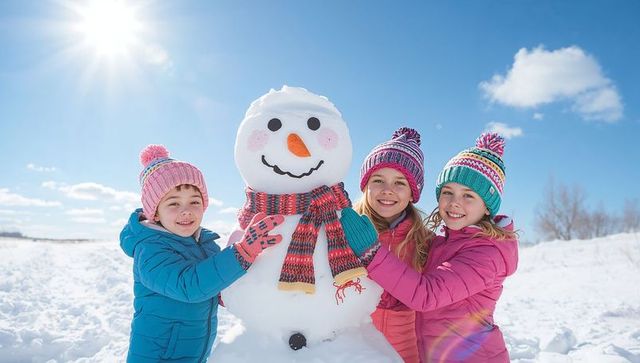 Kids building snowman on bright winter day with colorful knit hats and scarves