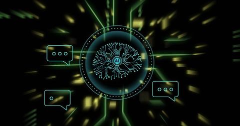 Projecting Holographic AI Brain Interface Emitting Neon Chat Icons for Cyber Tech