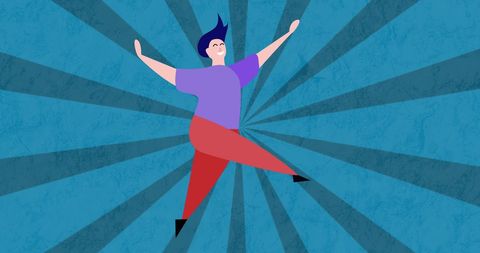 Joyful cartoon man dancing energetically against radiant blue background
