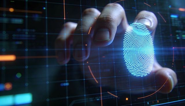 Futuristic Biometric Fingerprint Scan on Holographic Security Interface with Data Overlay
