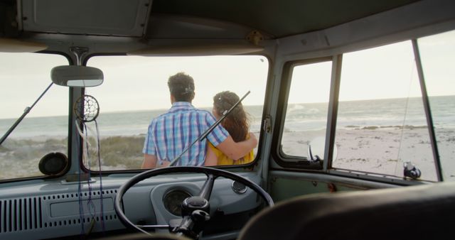 Couple Embracing Inside Vintage Van Looking at Beach Sunset - Download Free Stock Images Pikwizard.com