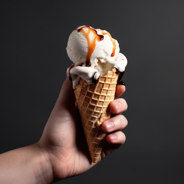 Hand holding ice cream cone topped with vanilla ice cream and drizzled with caramel sauce. Ideal for use in food blogs, dessert menu designs, advertisements for ice cream parlors, or summer-themed promotional materials. Emphasizes the delicious and indulgent nature of the treat.