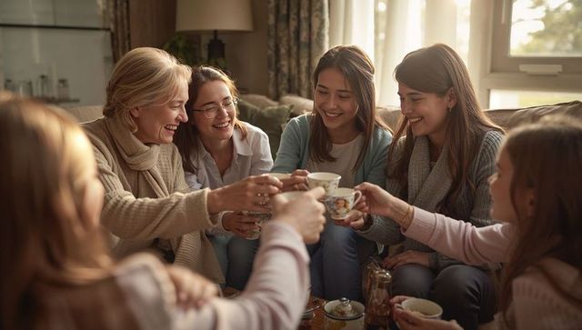 Multigenerational women sharing cozy home tea time, smiling and connecting