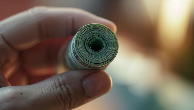 Hand holding tightly rolled currency symbolizing wealth