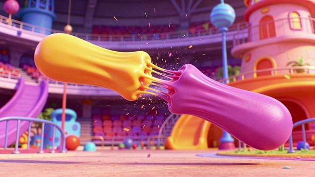 Stretching glossy pastel rubber forms colliding with gooey strands in colorful play arena