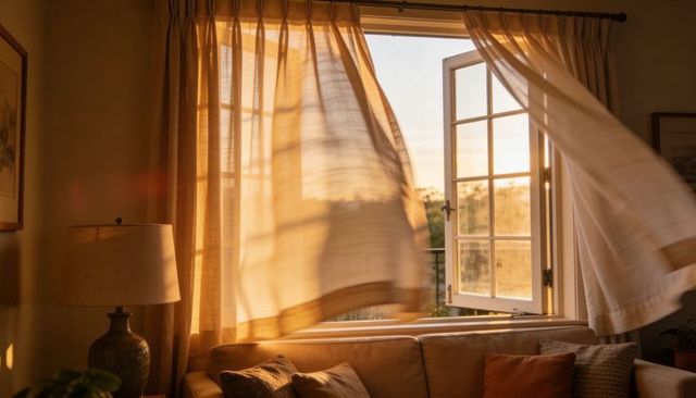 Billowing Sheer Curtains at Open Casement Window, Sunlight Spilling Across Sofa Cushions