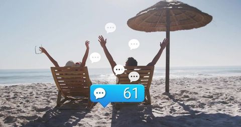 Couple Celebrating Vacation on Beach with Chat Notifications