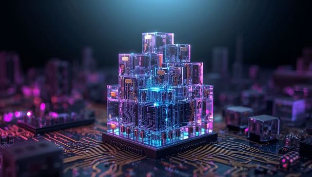 Neon crystal cube pyramid on circuit board visualizing quantum computing and AI systems