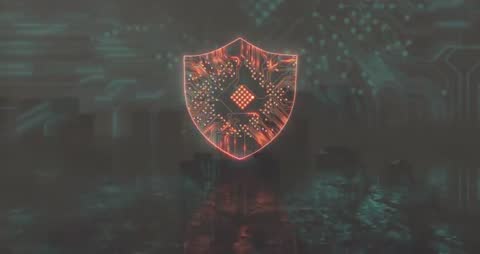 Futuristic Digital Shield with Cyber Circuitry Over Urban Skyline