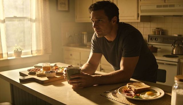 Man leaning on sunlit kitchen counter holding mug while breakfast plate waits