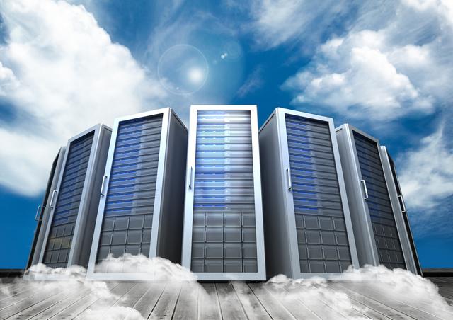 Digital composition of servers against a blue sky with clouds. Ideal for illustrating concepts related to cloud computing, data storage, and modern IT infrastructure. Suitable for use in technology blogs, cybersecurity articles, and promotional materials for cloud services.