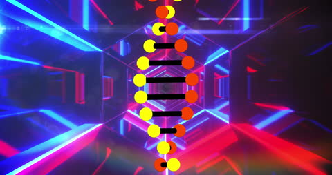 Colorful DNA Strand Over Futuristic Digital Tunnel Illustration