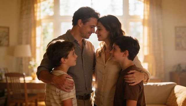 Parents embracing two sons in sunlit living room radiating cozy warmth and family bonding