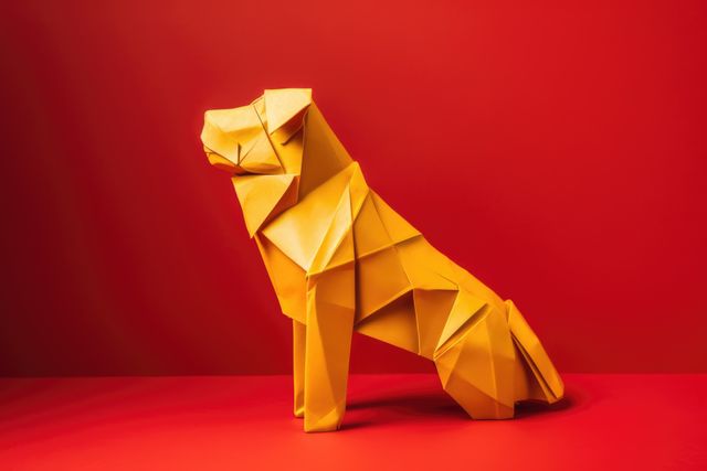 Close up of origami figure of dog on red background, created using generative ai technology. Origami, art and japanese tradition concept digitally generated image.
