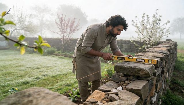 Indian craftsman leveling dry-stack stone wall at misty morning garden using spirit level