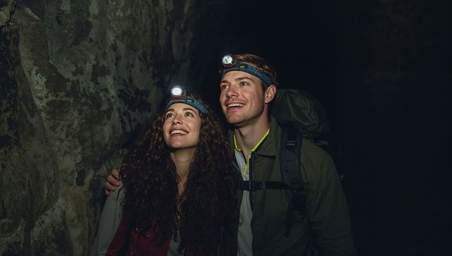 Young couple exploring cave with headlamps and backpacks, smiling and gazing upward