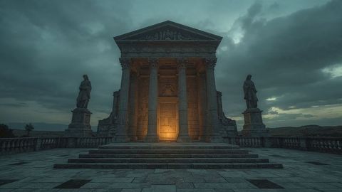 Ancient temple facade with dramatic lighting in scenic landscape