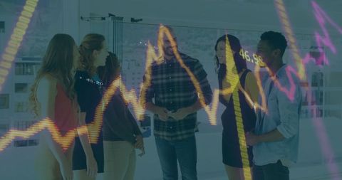 Diverse Team Discussing Financial Strategy with Stock Market Overlay