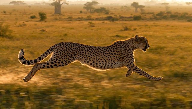 Cheetah leaping across savannah at golden hour showing speed and agility