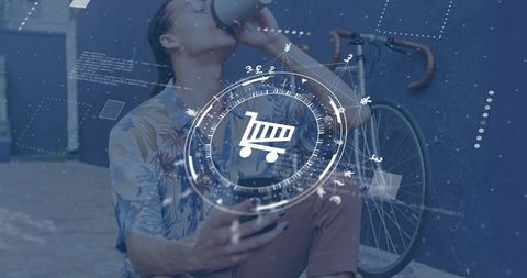 Urban commuter drinking and checking phone with ar shopping overlay by bicycle