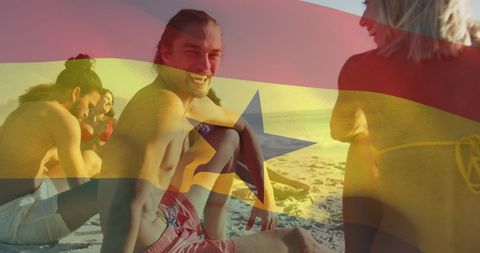 Friends Enjoying Beach Day with Ghana Flag Overlay