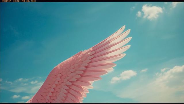 Graceful pink wing against clear blue sky with white clouds