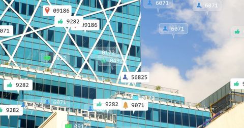 Social Media Engagment Icons Over Glass Skyscraper