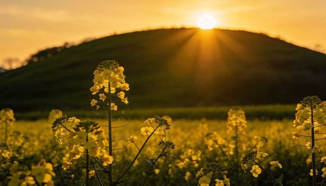 Backlighting Canola Field at Sunset with Solitary Rapeseed Bloom and Lens Flare