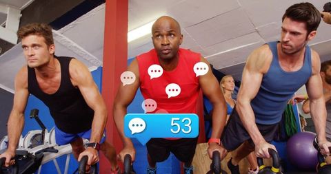 Men pushing core workout on handles displaying social notification badge 53