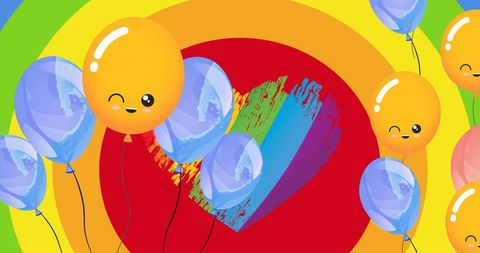 vibrant depiction of happy balloons against a rainbow heart on an exuberantly colored background. celebrating lgbtq pride, unity, and the joy of diversity. ideal for promoting pride events, lgbtq initiatives, and presentations focused on inclusivity and support for diverse sexualities and gender expressions.