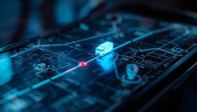 Futuristic gps navigation interface with glowing route and truck icon