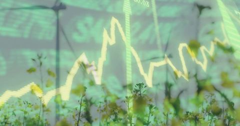 Agriculture meets finance: green energy crop field overlaid with rising market chart