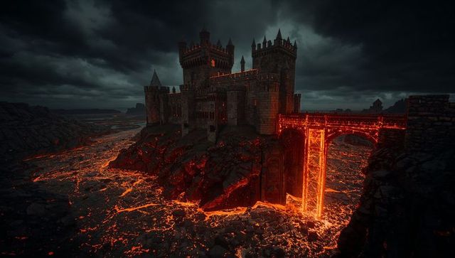 Medieval stone fortress above molten lava under dark sky