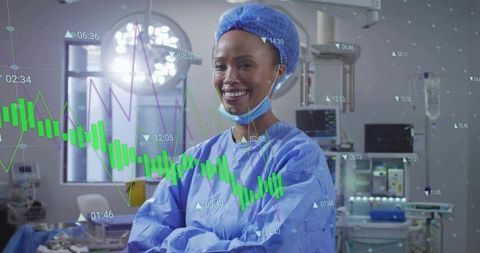 Confident Surgical Professional in Operating Room with Medical Data Visualization Overlay