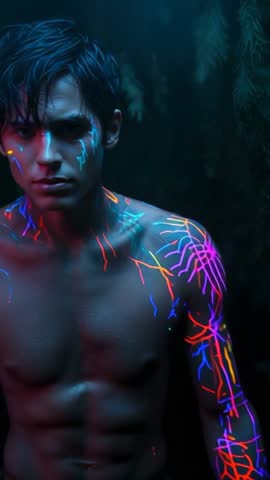 Stepping into Frame: Shirtless Man Revealing Pulsing Neon Body Paint in Dark Forest