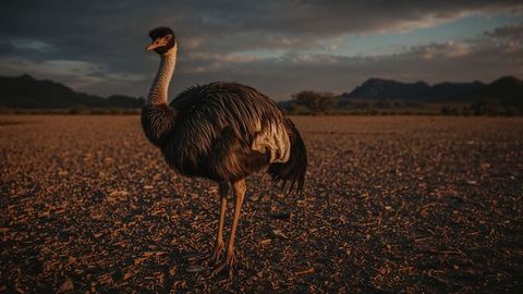 Emu standing in desert sunset with dramatic sky
