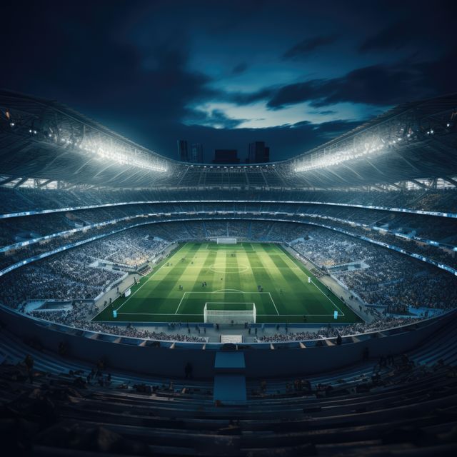 Stadium packed with enthusiastic fans under bright stadium lights during an evening football match. Perfect for showcasing sports events, excitement in a live match, football culture, fan spirit, and light effects in outdoor sports settings.