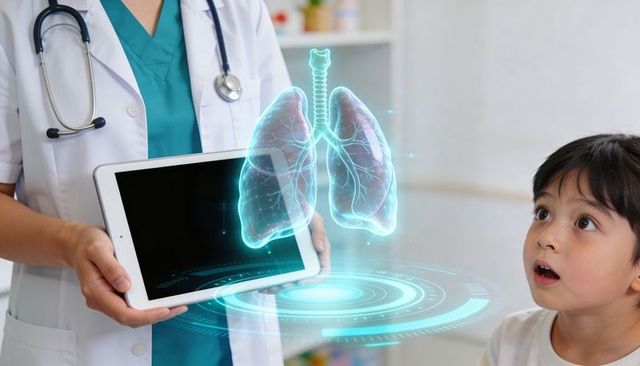 Pediatrician projecting 3d lungs hologram from tablet during child respiratory demonstration