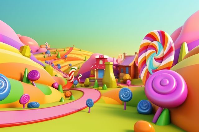 This image displays a bright and colorful candy land with lollipop trees and whimsical, fairy-tale houses amidst rolling hills. The vibrant colors and surreal design create a charming fairy-tale fantasy atmosphere. Perfect for children's book illustrations, fantasy story visuals, greeting cards, enchanting posters, and fantasy video game backgrounds.