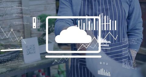 Garden shop owner showing cloud analytics on tablet with charts, dashboard and sales data