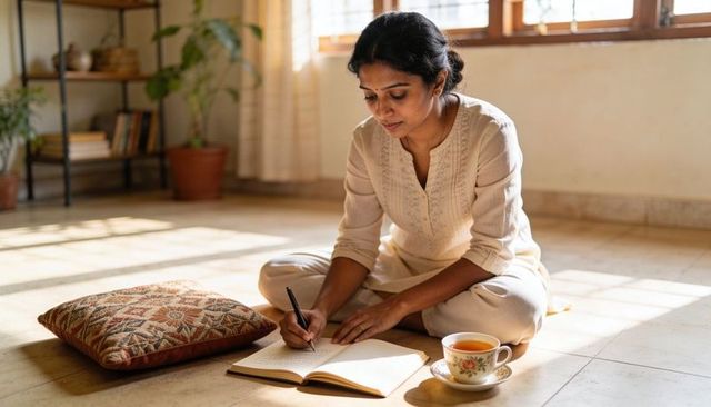 Sunlit journaling indian woman sitting on floor writing in notebook with teacup at home