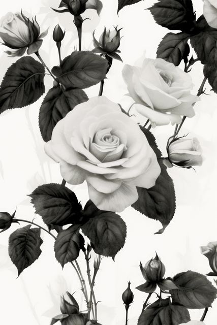 Elegant black and white close-up of blooming roses and buds showcasing delicate petals and intricate leaves. Perfect for wall art, floral-themed designs, or adding a touch of sophistication to marketing materials.