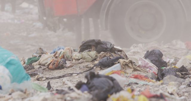Different forms of garbage gather in a landfill. A truck works in the background. Useful for illustrating topics related to environmental pollution, waste management, recycling challenges, and the impacts of human activity on the environment.