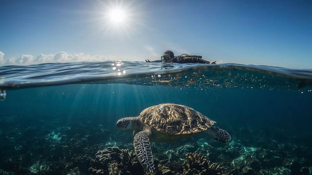 Tropical Reef Adventure with Sea Turtle and Snorkeler