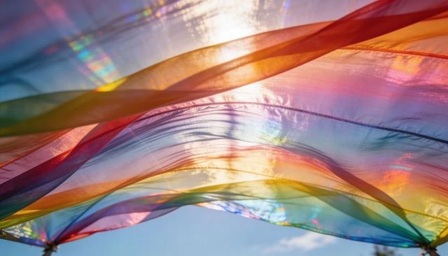 Billowing sheer rainbow fabric catching sunlight, iridescent translucent color flow