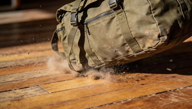 Weathered olive canvas duffel kicking up dust on sunlit wooden workshop floor