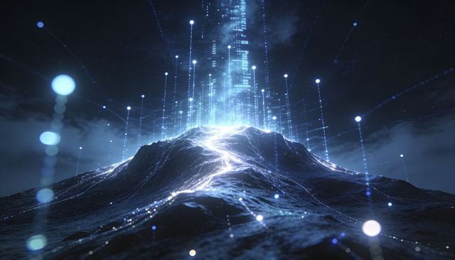 Neon data peak emitting converging light veins and vertical data columns in futuristic nightscape